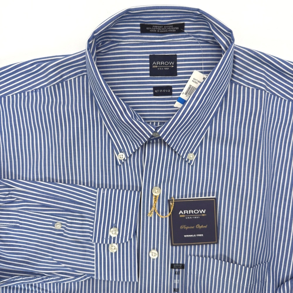 Arrow Button Down Shirt Mens XLT Blue Striped Oxford Wrinkle Free 17-17.5